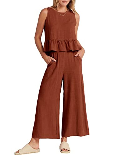 ANRABESS Women's Summer 2 Piece Outfits Sleeveless Ruffle Tank Crop Top & Wide Leg Pants Lounge Set with Pockets