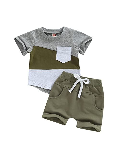 YINGISFITM Toddler Baby Boy Clothes Letter Short Sleeve T Shirt Top Boys Shorts with Pocket Cute Summer Outfit 2Pcs Set