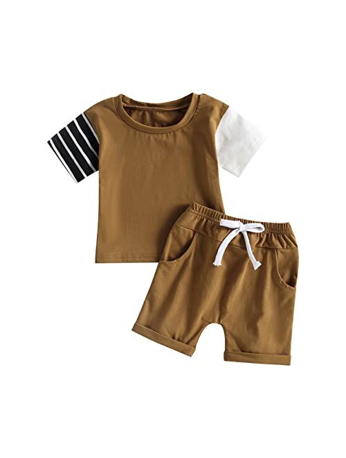 YINGISFITM Toddler Baby Boy Clothes Letter Short Sleeve T Shirt Top Boys Shorts with Pocket Cute Summer Outfit 2Pcs Set