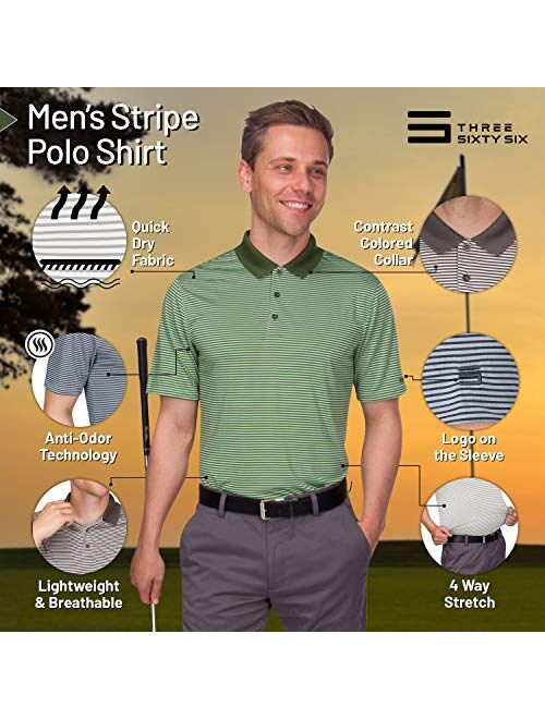 Three Sixty Six Dry Fit Golf Shirts for Men - Short Sleeve Mens Stripe Polo Shirt