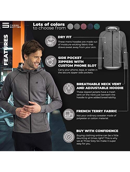 Three Sixty Six Mens Golf Hoodie Full Zip Jacket - Dry Fit Moisture-Wicking Fabric, Side Pocket Zippers & Adjustable Hoodie