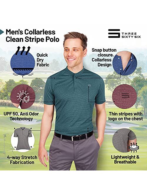 Three Sixty Six Collarless Golf Shirts for Men - Mens Quick Dry Polo Shirt - 4-Way Stretch & UPF 50