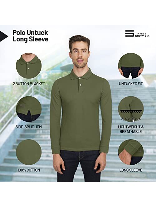 Three Sixty Six Mens Untucked Casual Long Sleeve Polo - Collared Untuck Shirt with Two Button Placket and Stretch Fabric