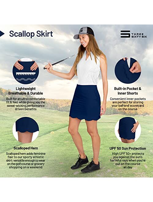 Three Sixty Six Scallop Golf Skort for Women - Dry Fit 4-Way Stretch Golf Skirt - Moisture Wicking, Anti-Odor Technology, UPF50+ Protection