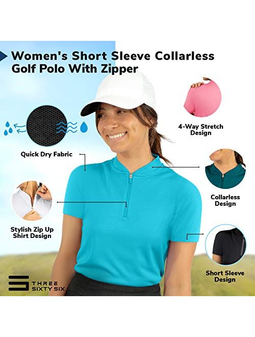 Three Sixty Six Womens Golf Polo with Zipper - Short Sleeve and Collarless Golf Shirts for Women - UV Protection, Dry Fit, and 4 Way Stretch