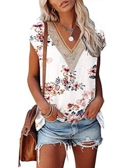 Saukole Summer Tops for Women Cap Sleeve T Shirts Casual Blouse V Neck Lace Floral Print Loose Fit Tank Tops