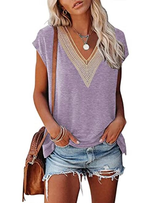 Saukole Summer Tops for Women Cap Sleeve T Shirts Casual Blouse V Neck Lace Floral Print Loose Fit Tank Tops