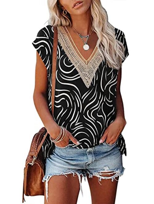 Saukole Summer Tops for Women Cap Sleeve T Shirts Casual Blouse V Neck Lace Floral Print Loose Fit Tank Tops