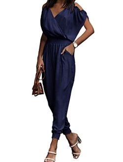 Jumpsuit for Women Casual Summer Wrap V Neck Cold Shoulder One Piece Outfits Pants Romper