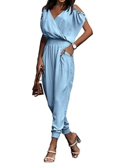 Jumpsuit for Women Casual Summer Wrap V Neck Cold Shoulder One Piece Outfits Pants Romper