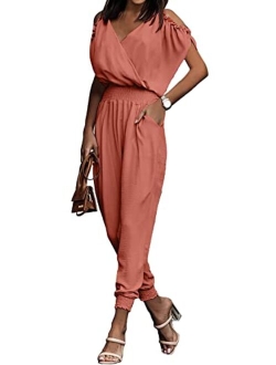 Jumpsuit for Women Casual Summer Wrap V Neck Cold Shoulder One Piece Outfits Pants Romper