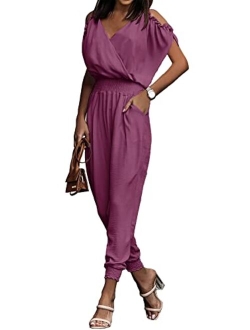 Jumpsuit for Women Casual Summer Wrap V Neck Cold Shoulder One Piece Outfits Pants Romper