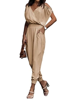 Jumpsuit for Women Casual Summer Wrap V Neck Cold Shoulder One Piece Outfits Pants Romper