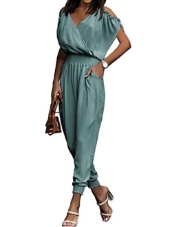 Jumpsuit for Women Casual Summer Wrap V Neck Cold Shoulder One Piece Outfits Pants Romper