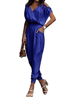 Jumpsuit for Women Casual Summer Wrap V Neck Cold Shoulder One Piece Outfits Pants Romper