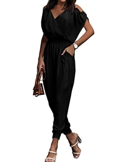 Jumpsuit for Women Casual Summer Wrap V Neck Cold Shoulder One Piece Outfits Pants Romper