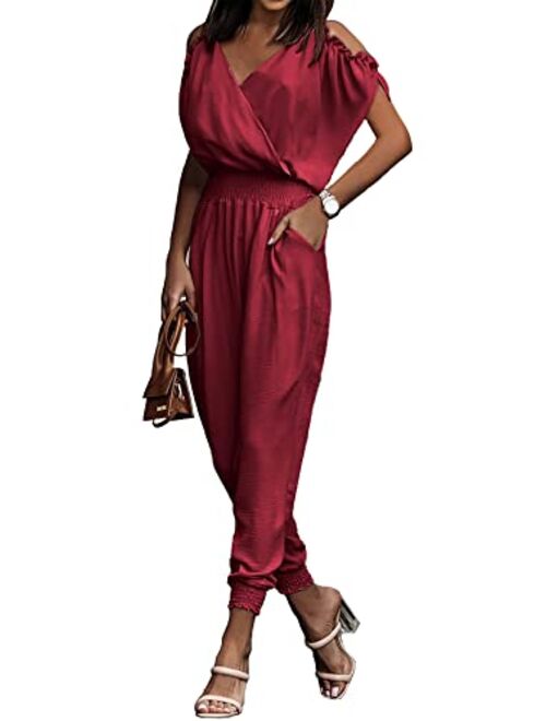 PRETTYGARDEN Jumpsuit for Women Casual Summer Wrap V Neck Cold Shoulder One Piece Outfits Pants Romper