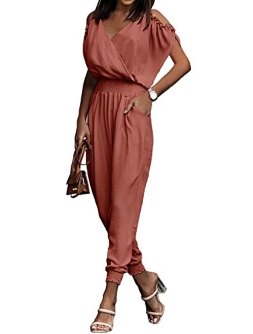 PRETTYGARDEN Jumpsuit for Women Casual Summer Wrap V Neck Cold Shoulder One Piece Outfits Pants Romper