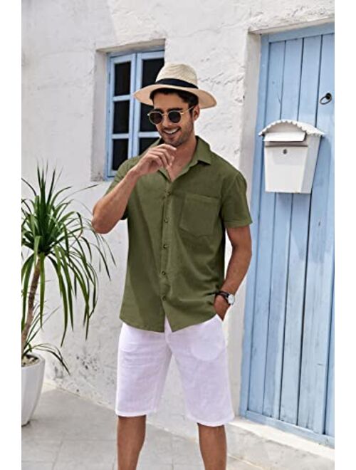 Bbalizko Mens Short Sleeve Button Up Shirts Linen Cotton Beach Tops Spread Collar Plain Summer T Shirt with Pocket