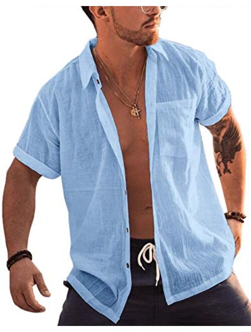 Bbalizko Mens Short Sleeve Button Up Shirts Linen Cotton Beach Tops Spread Collar Plain Summer T Shirt with Pocket