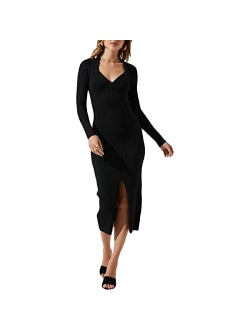 Women's Ribbed Knit Twist Front Long Sleeve Sweaterdress