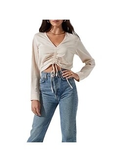 Women's Satin Ruched Long Sleeve Cropped V-Neck Blouse