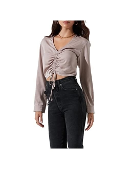 Women's Satin Ruched Long Sleeve Cropped V-Neck Blouse