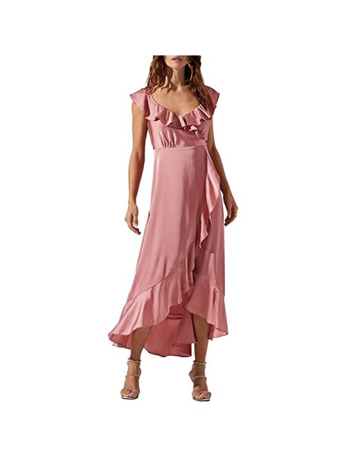 ASTR the label Women's Satin Ruffled Maxi Wrap Dress with Deep V-Neck