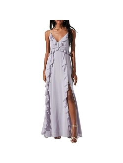 Adoria Women's Ruffled V-Neck Sleeveless High Slit Maxi Dress