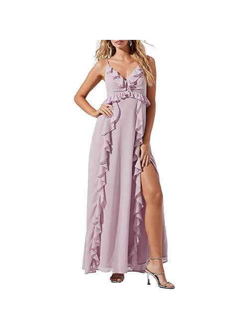 ASTR the label Adoria Women's Ruffled V-Neck Sleeveless High Slit Maxi Dress