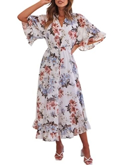 Women's Summer Ruffle Maxi Dress Floral Print 3/4 Bell Sleeve V Neck High Waist Flowy Boho Long Dress