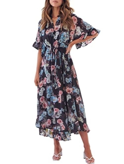 Women's Summer Ruffle Maxi Dress Floral Print 3/4 Bell Sleeve V Neck High Waist Flowy Boho Long Dress