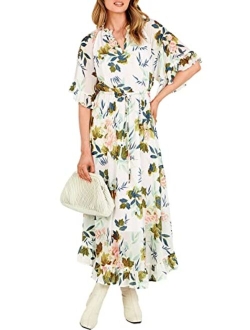 Women's Summer Ruffle Maxi Dress Floral Print 3/4 Bell Sleeve V Neck High Waist Flowy Boho Long Dress