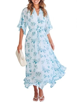 Women's Summer Ruffle Maxi Dress Floral Print 3/4 Bell Sleeve V Neck High Waist Flowy Boho Long Dress