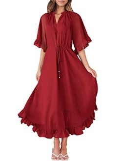 Women's Summer Ruffle Maxi Dress Floral Print 3/4 Bell Sleeve V Neck High Waist Flowy Boho Long Dress