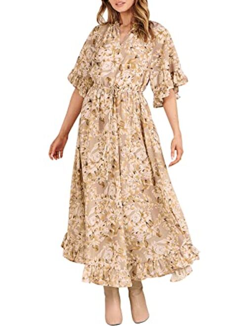 ANRABESS Women's Summer Ruffle Maxi Dress Floral Print 3/4 Bell Sleeve V Neck High Waist Flowy Boho Long Dress