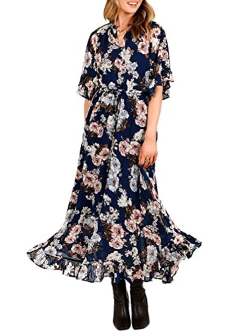 ANRABESS Women's Summer Ruffle Maxi Dress Floral Print 3/4 Bell Sleeve V Neck High Waist Flowy Boho Long Dress