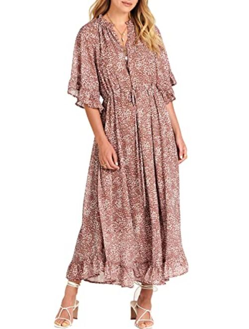 ANRABESS Women's Summer Ruffle Maxi Dress Floral Print 3/4 Bell Sleeve V Neck High Waist Flowy Boho Long Dress