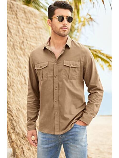 JMIERR Men's Linen Shirt Casual Stylish Button Down Beach Long Sleeve Dress Shirts with Flap Pockets