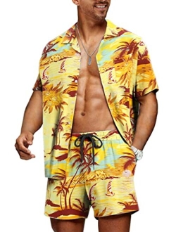 JMIERR Men's Hawaiian Sets, Casual Summer Button Down Short Sleeve Hawaiian Shirt and Shorts, 2 Piece Vacation Outfits