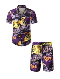 JMIERR Men's Hawaiian Sets, Casual Summer Button Down Short Sleeve Hawaiian Shirt and Shorts, 2 Piece Vacation Outfits