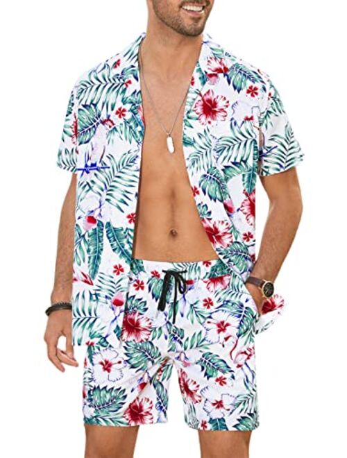 JMIERR Men's Hawaiian Sets, Casual Summer Button Down Short Sleeve Hawaiian Shirt and Shorts, 2 Piece Vacation Outfits