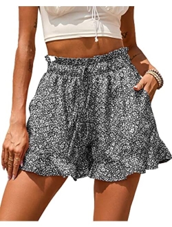 BTFBM Women's Summer Shorts 2023 Floral Elastic High Waisted Belted Casual Beach Ruffle Short Lounge Pants with Pockets