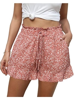 BTFBM Women's Summer Shorts 2023 Floral Elastic High Waisted Belted Casual Beach Ruffle Short Lounge Pants with Pockets