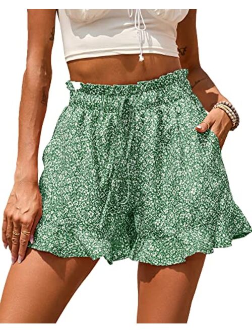 BTFBM Women's Summer Shorts 2023 Floral Elastic High Waisted Belted Casual Beach Ruffle Short Lounge Pants with Pockets