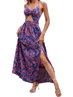 Women's Tropical Print Backless Cut Out Split Maxi Dress Twist Front Halter Neck Sleeveless Summer Swing Dresses