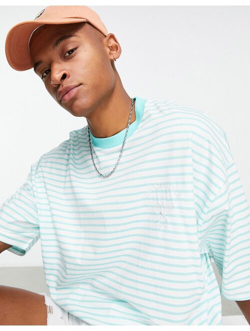 ASOS DESIGN oversized stripe t-shirt in turquoise with chest embroidery - TURQUOISE - RED