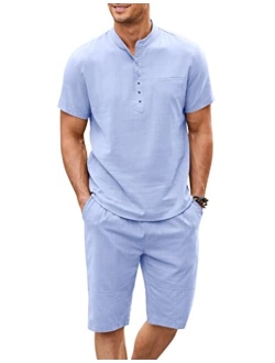 Men's 2 Piece Linen Set Short Sleeve Henley Shirts and Shorts Summer Beach Yoga Pants Set