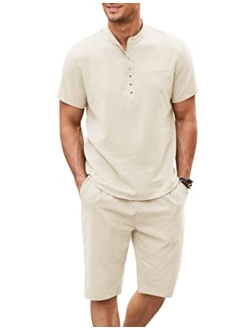 Men's 2 Piece Linen Set Short Sleeve Henley Shirts and Shorts Summer Beach Yoga Pants Set