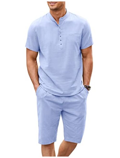 COOFANDY Men's 2 Piece Linen Set Short Sleeve Henley Shirts and Shorts Summer Beach Yoga Pants Set